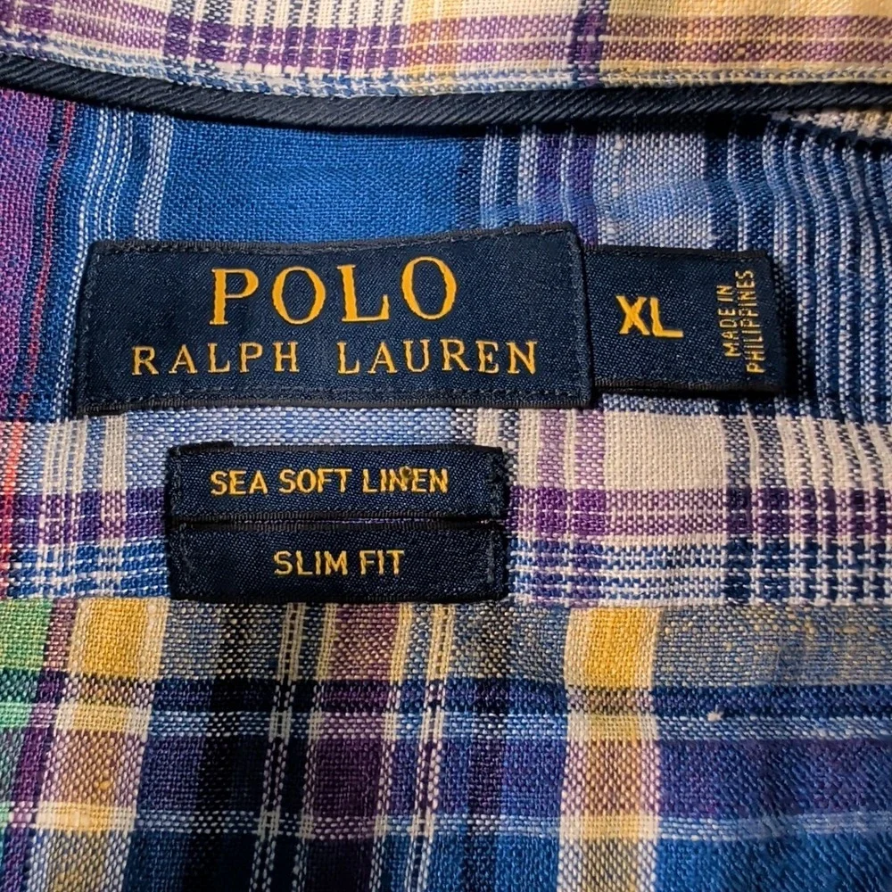 POLO RALPH LAUREN‎ Shirt Mens Large Sea Soft LINEN Plaid Button Up Long Sleeve